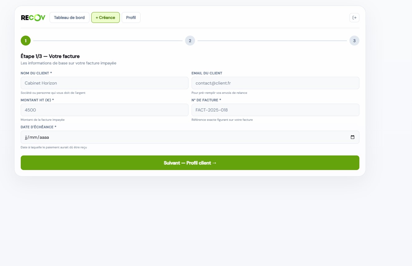 Formulaire de création de créance RECOV