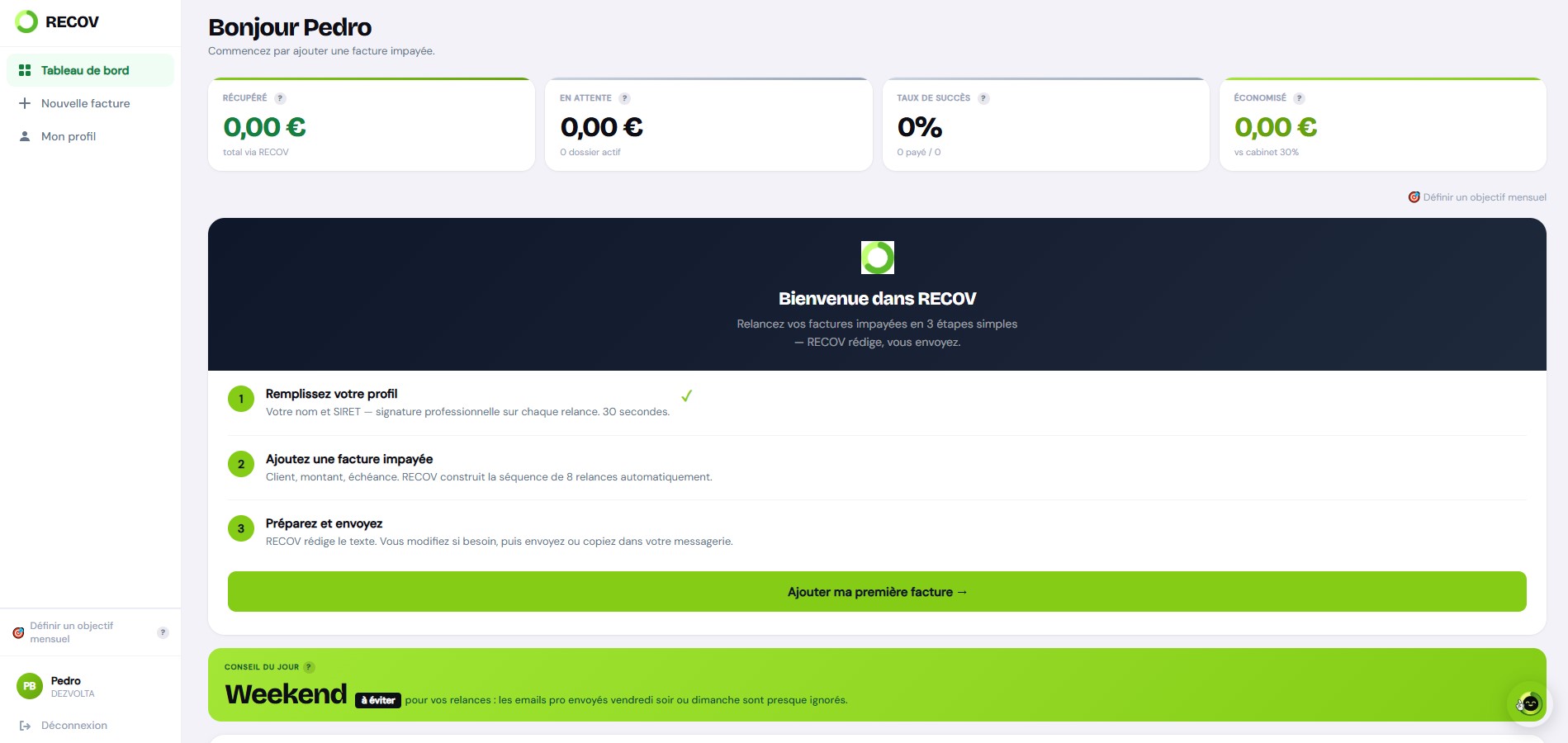 RECOV dashboard — track your late invoices and chasers