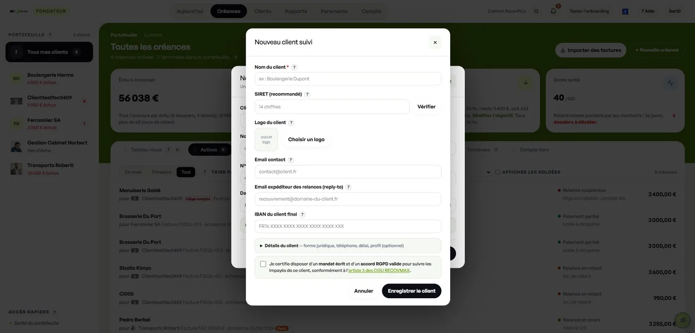 Ajout d'un client suivi dans RECOVMAX : nom, SIREN, logo, e-mail de contact, IBAN du client