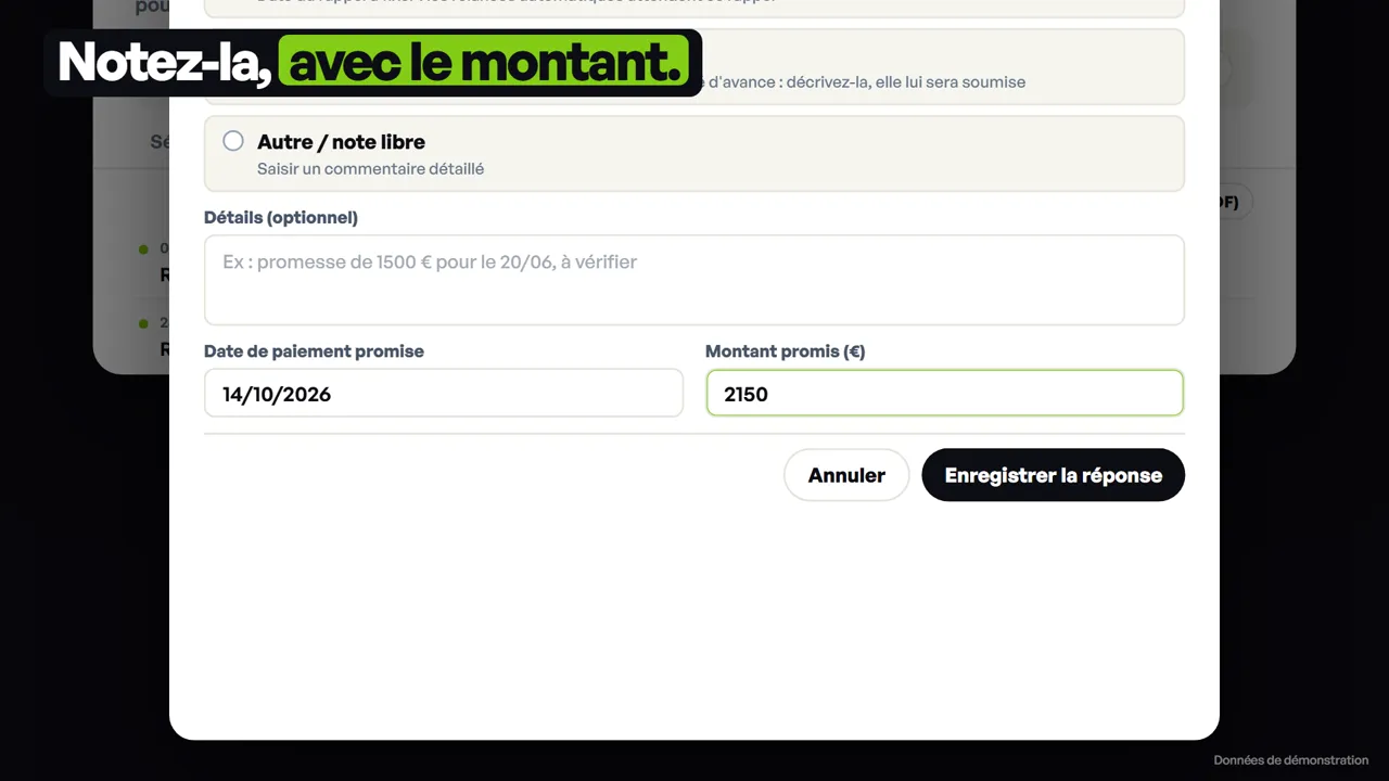 Une promesse ou un échéancier, suivis à la date : image de la vidéo, données fictives