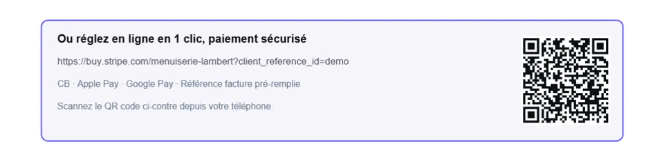 Encadré de paiement en ligne d'une mise en demeure : adresse du lien de paiement du créancier et QR code à scanner