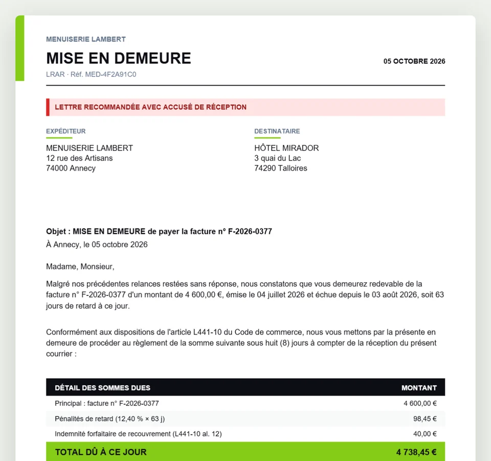 Première page d'une mise en demeure générée par RECOVMAX : expéditeur, destinataire, objet, rappel de la facture et détail des sommes dues