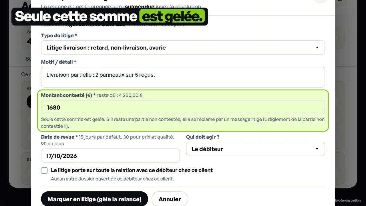 Un litige sans bloquer le reste dû : image de la vidéo, données fictives
