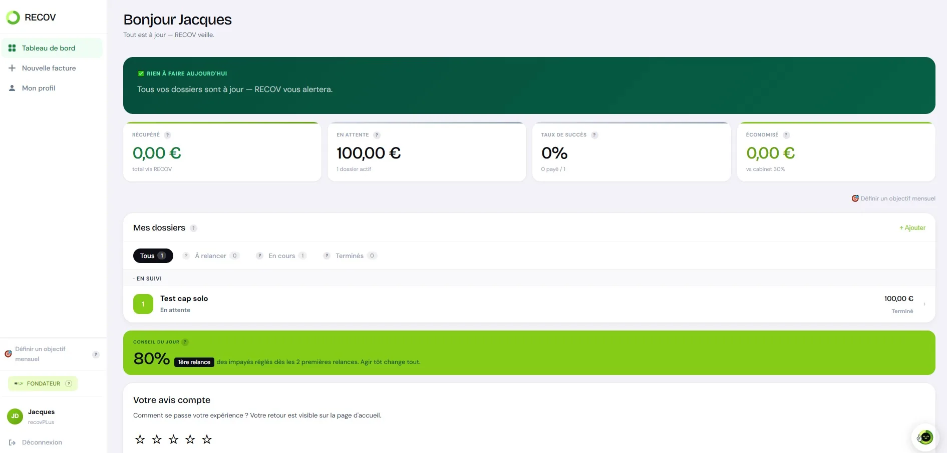 RECOV Solo dashboard: tracked cases, pending amounts, success rate and daily tip